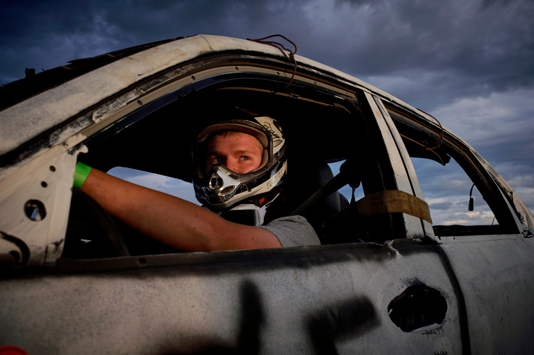 A demolition derby contestant just before the start of his event.